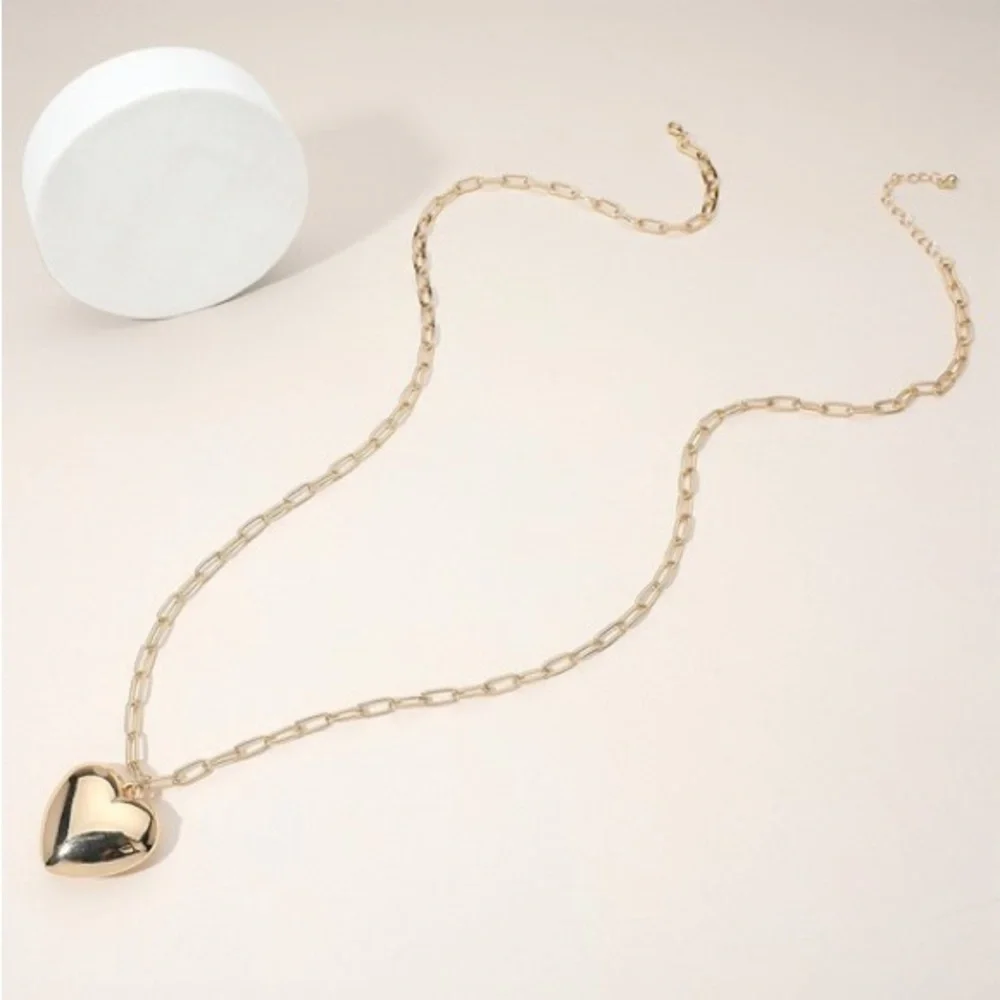 Gold Puffy Heart Long Necklace (8513)